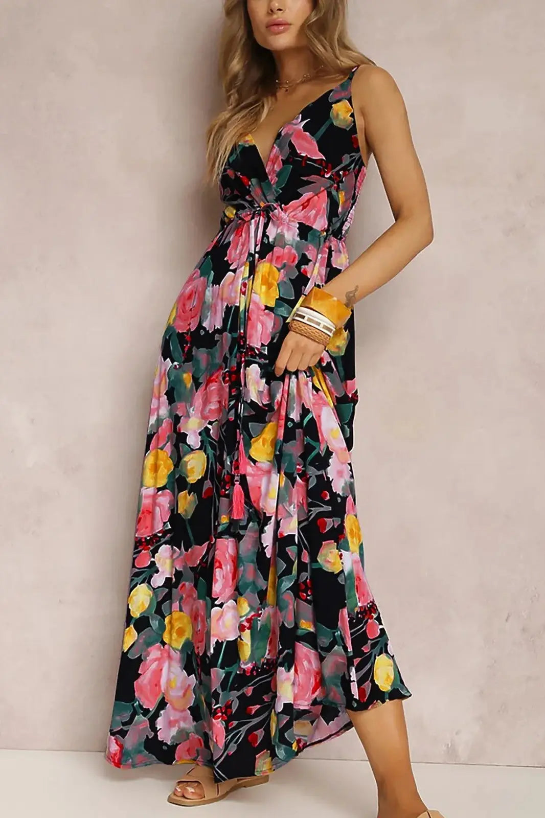 2024 Boho Print V-Neck Sleeveless Maxi Dress GOMINGLO
