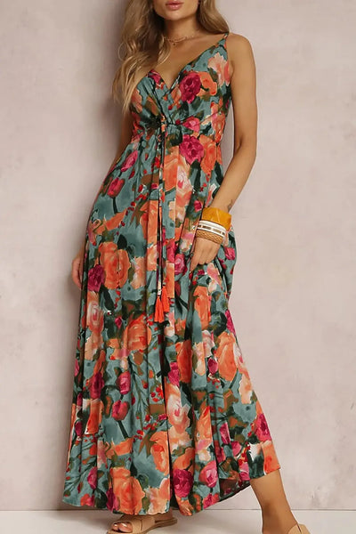 2024 Boho Print V-Neck Sleeveless Maxi Dress GOMINGLO