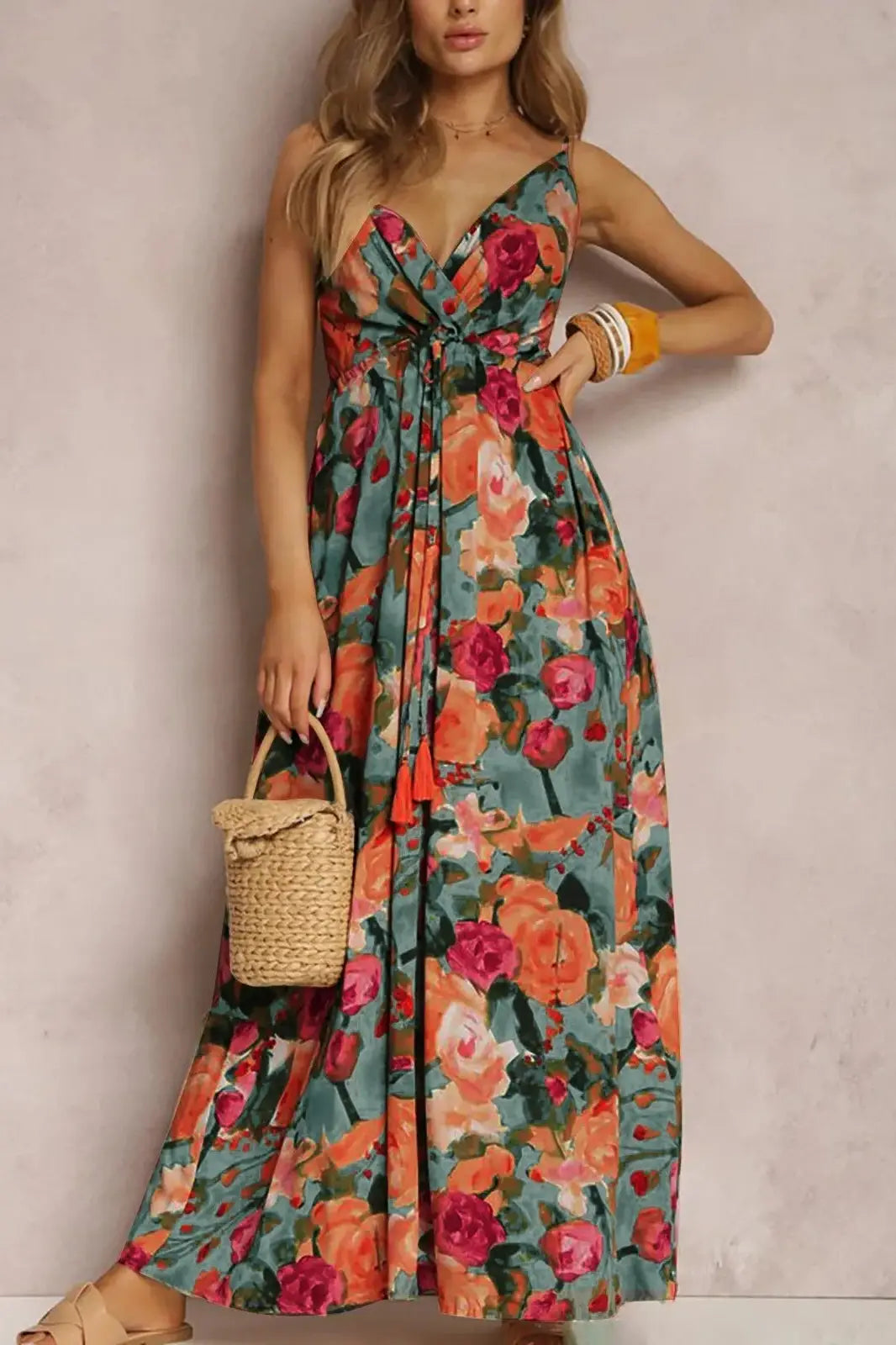 2024 Boho Print V-Neck Sleeveless Maxi Dress GOMINGLO