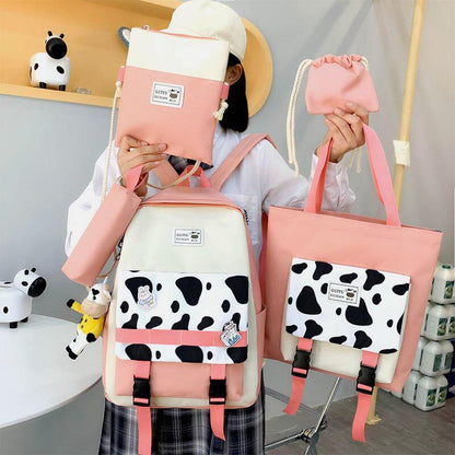 5 PCS Canvas Preppy Cow Pattern Multifunction Combination Bag Backpack Tote Crossbody Bag Clutch Wallet GOMINGLO