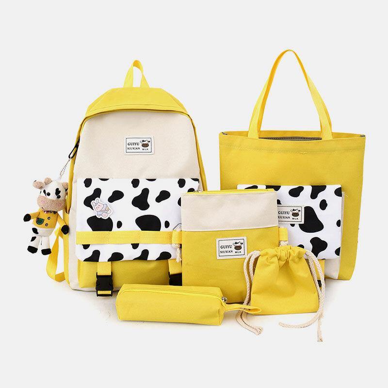 5 PCS Canvas Preppy Cow Pattern Multifunction Combination Bag Backpack Tote Crossbody Bag Clutch Wallet GOMINGLO