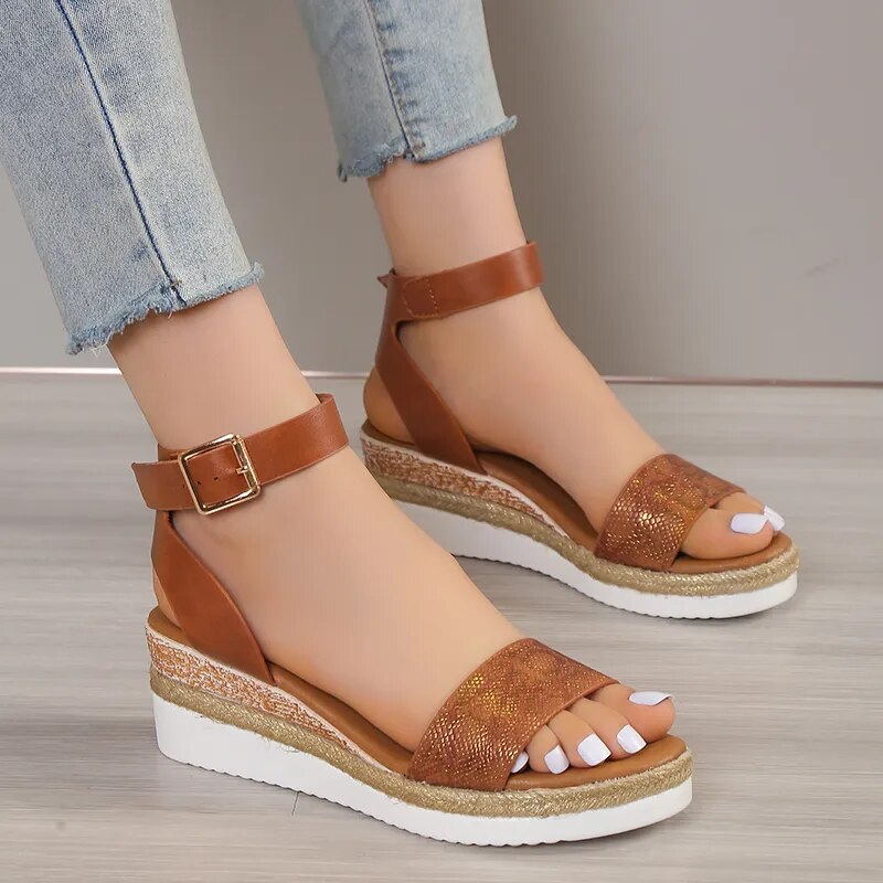 Ankle Strap Wedge Open Toe Buckle Gladiator Sandals for Women GOMINGLO