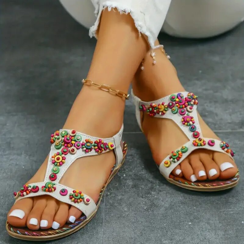 Bohemian Fashion Colorful Beaded Flat Sandals for Women GOMINGLO