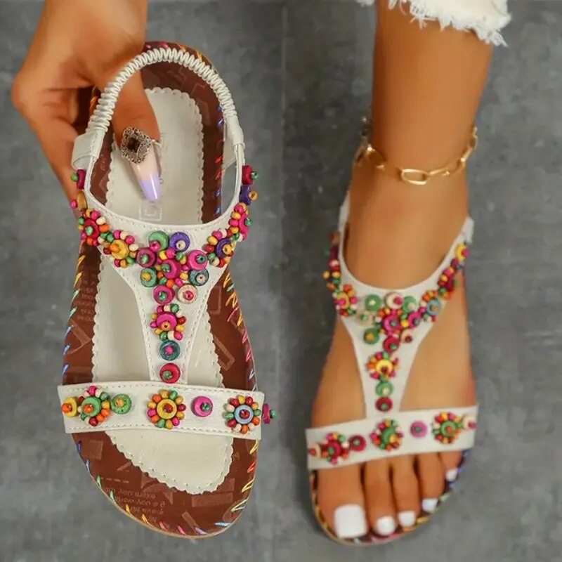 Bohemian Fashion Colorful Beaded Flat Sandals for Women GOMINGLO