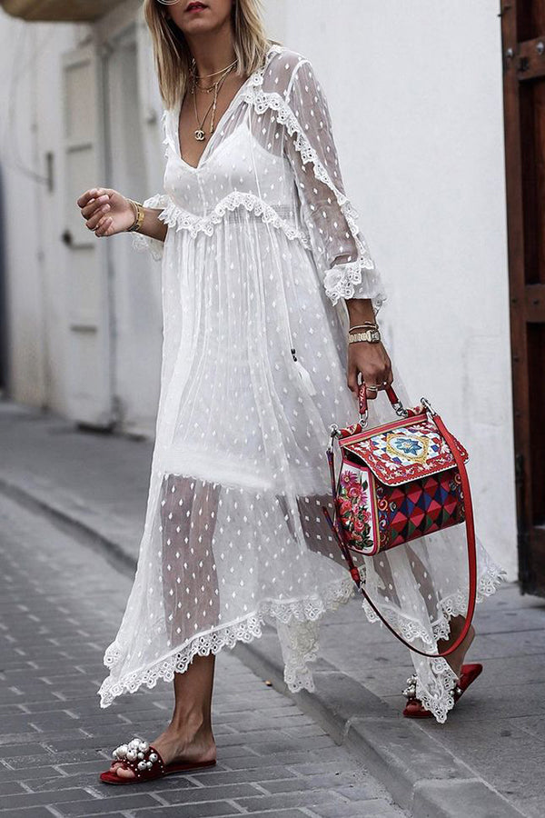 Bohemian White Lace V-Neck Dot Hollow Maxi Dress GOMINGLO