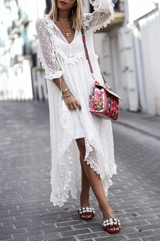 Bohemian White Lace V-Neck Dot Hollow Maxi Dress GOMINGLO