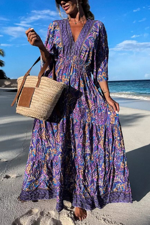 Boho Deep V-Neck Drawstring Short Sleeves Maxi Dress GOMINGLO