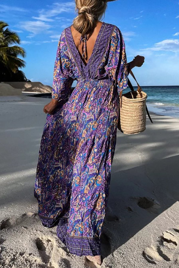 Boho Deep V-Neck Drawstring Short Sleeves Maxi Dress GOMINGLO