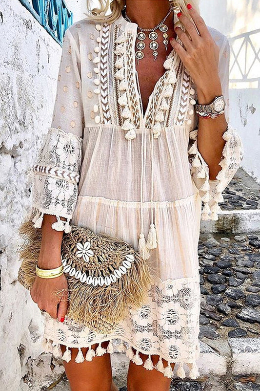 Boho Tassel Loose V-Neck Mini Dress GOMINGLO