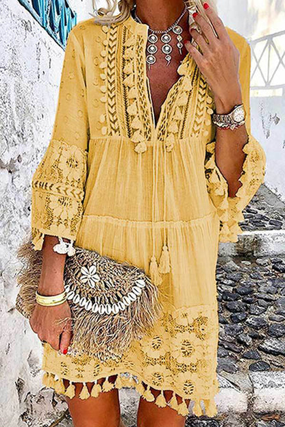 Boho Tassel Loose V-Neck Mini Dress GOMINGLO