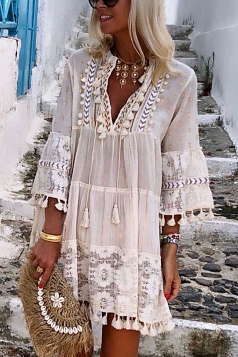 Boho Tassel Loose V-Neck Mini Dress GOMINGLO