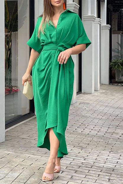 Button Belted Draped Short Sleeves Irregular Midi Dress GOMINGLO