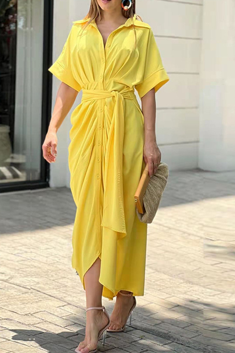 Button Belted Draped Short Sleeves Irregular Midi Dress GOMINGLO