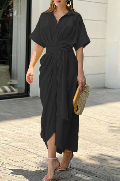 Button Belted Draped Short Sleeves Irregular Midi Dress GOMINGLO