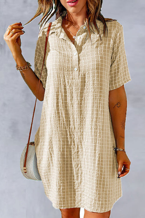 Button Turn-Down Collar Short Sleeve Straight Midi Dress GOMINGLO