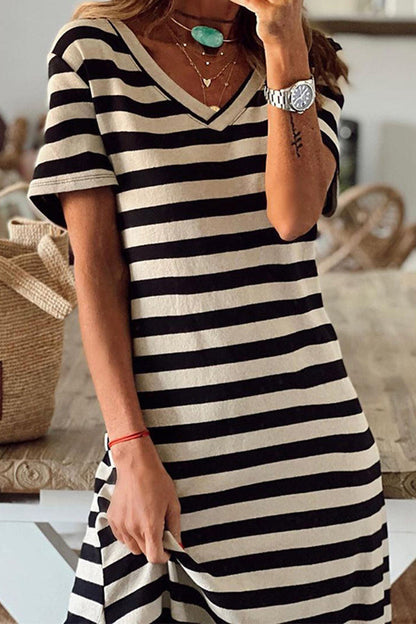 Casual Stripe Print V-Neck Maxi Dress GOMINGLO