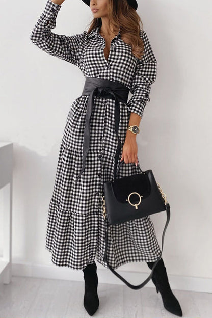 Chic Plaid Turn-Down Collar Button-Up Ruffle Maxi Dress GOMINGLO