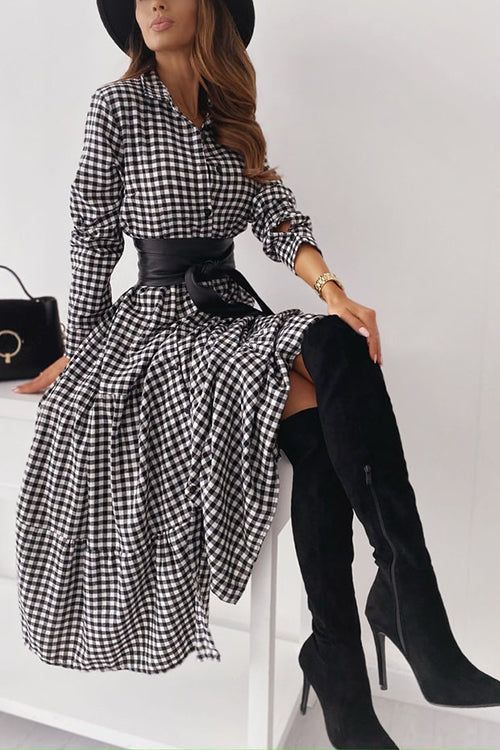 Chic Plaid Turn-Down Collar Button-Up Ruffle Maxi Dress GOMINGLO