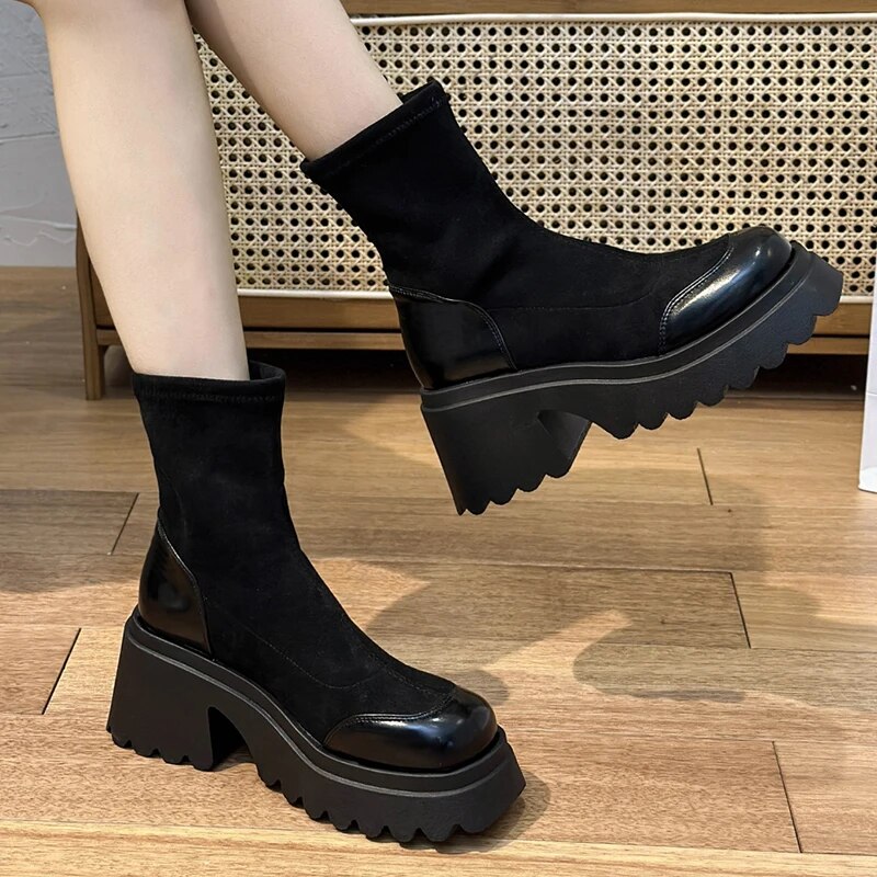 Chunky Heels Autumn Winter Soft Flock Platform Ankle Boots for Women GOMINGLO