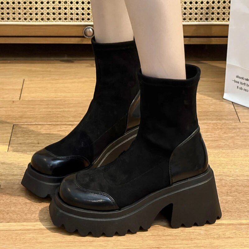 Chunky Heels Autumn Winter Soft Flock Platform Ankle Boots for Women GOMINGLO