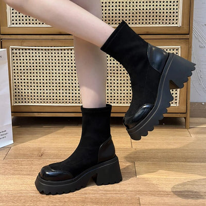 Chunky Heels Autumn Winter Soft Flock Platform Ankle Boots for Women GOMINGLO