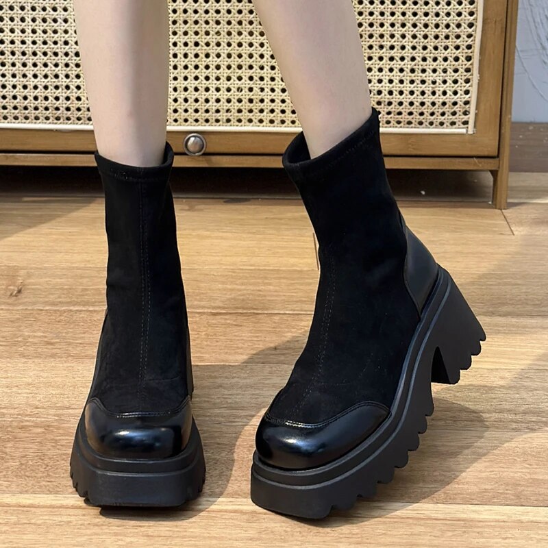 Chunky Heels Autumn Winter Soft Flock Platform Ankle Boots for Women GOMINGLO