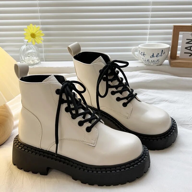 Chunky Platform Autumn Winter PU Leather Ankle Boots for Women GOMINGLO
