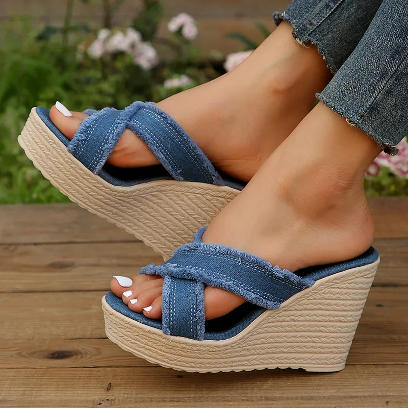 Cross Strap Denim Wedge Slippers for Women GOMINGLO