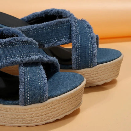 Cross Strap Denim Wedge Slippers for Women GOMINGLO