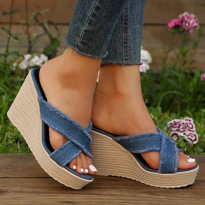 Cross Strap Denim Wedge Slippers for Women GOMINGLO