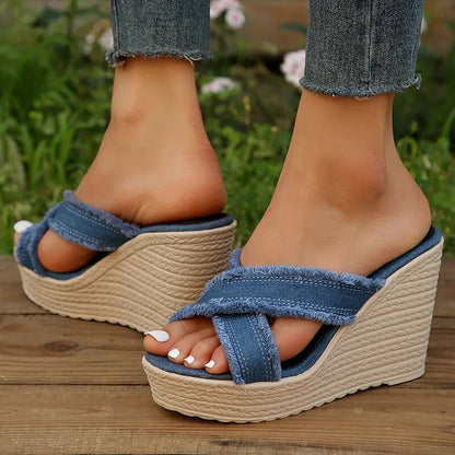 Cross Strap Denim Wedge Slippers for Women GOMINGLO