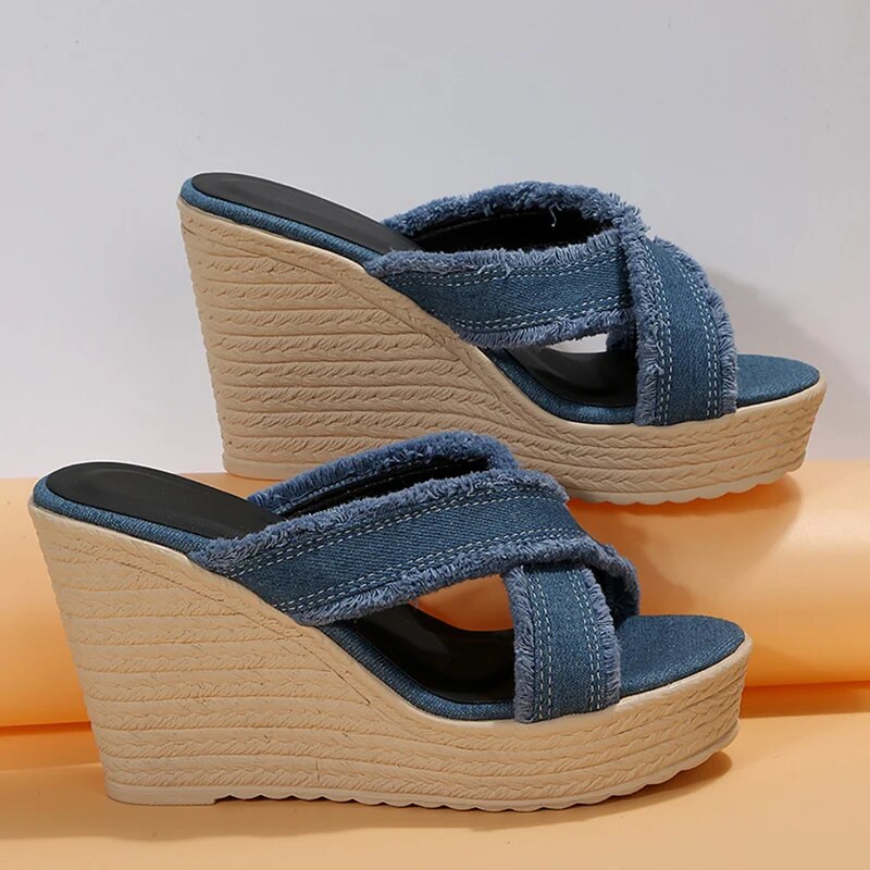 Cross Strap Denim Wedge Slippers for Women GOMINGLO