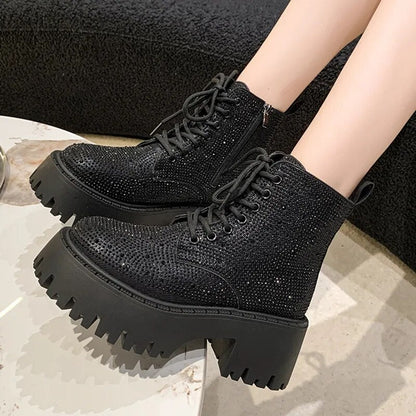 Crystal Rhinestones Chunky Platform Ankle Boots For Women GOMINGLO