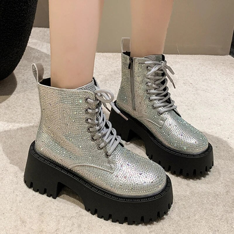 Crystal Rhinestones Chunky Platform Ankle Boots For Women GOMINGLO