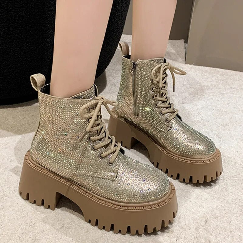 Crystal Rhinestones Chunky Platform Ankle Boots For Women GOMINGLO