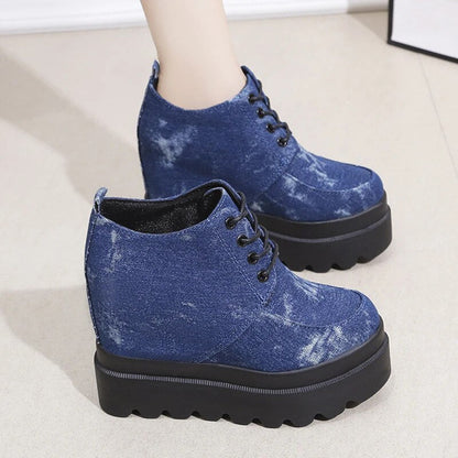 Denim Thick Sole Autumn Winter Chunky Wedge Boots for Women GOMINGLO