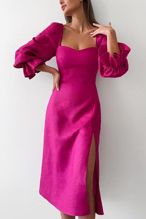 Elegant Bubble Sleeves Square Collar Midi Dress GOMINGLO