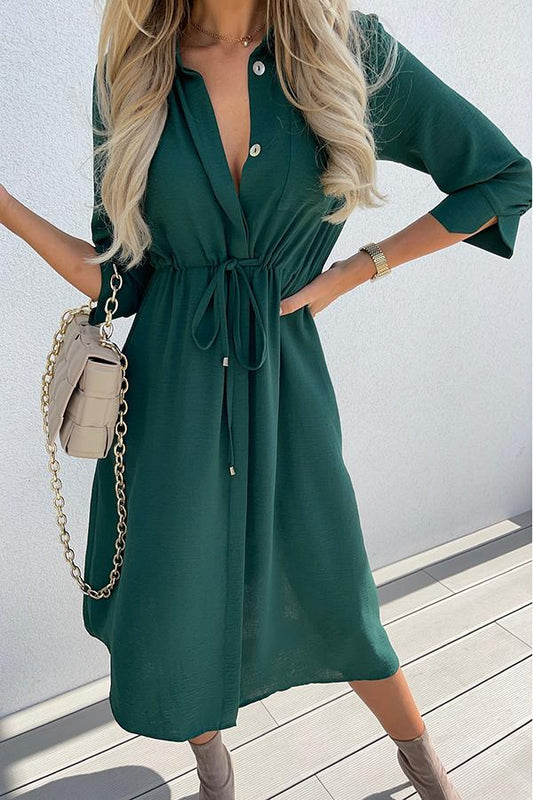 Elegant Commuting V-Neck Ruched Midi Dress GOMINGLO