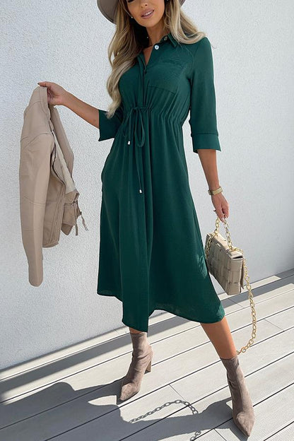 Elegant Commuting V-Neck Ruched Midi Dress GOMINGLO