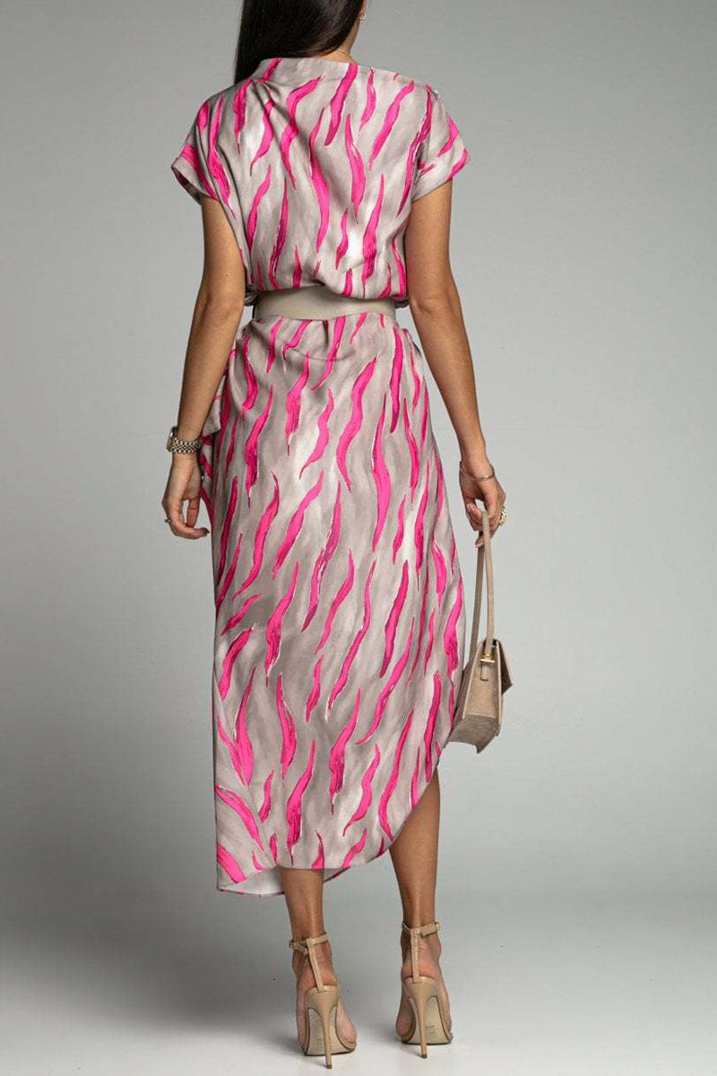 Elegant Irregular Stripe Printed Short Sleeve Dress GOMINGLO