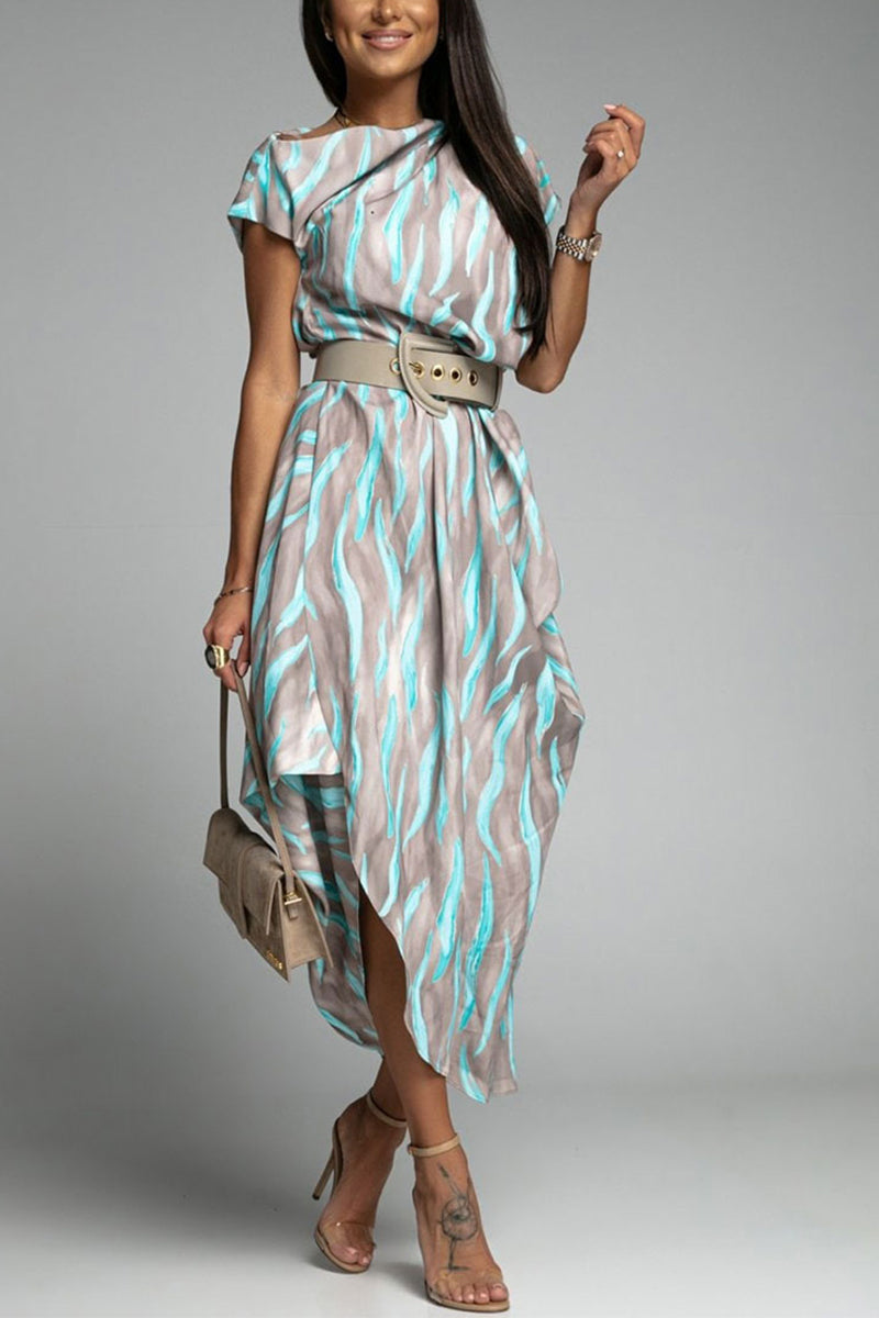 Elegant Irregular Stripe Printed Short Sleeve Dress GOMINGLO