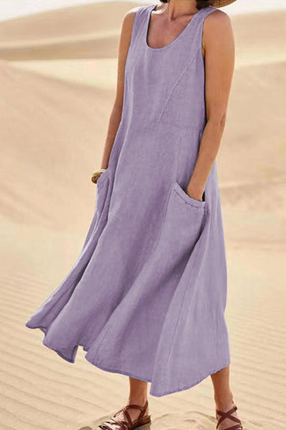 Elegant Linen Loose Round Neck Sleeveless Maxi Dress GOMINGLO