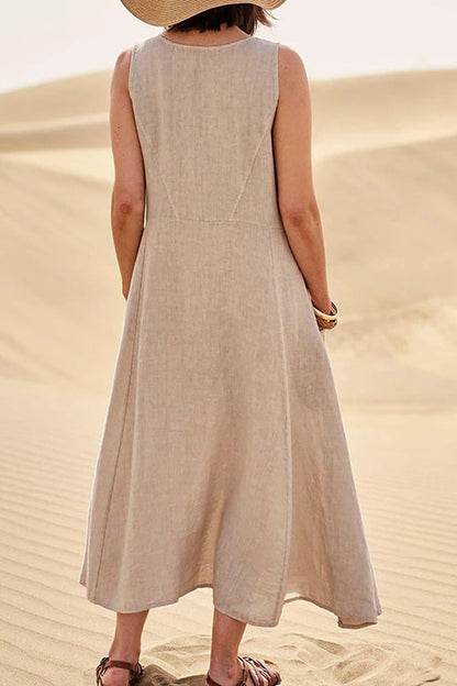 Elegant Linen Loose Round Neck Sleeveless Maxi Dress GOMINGLO