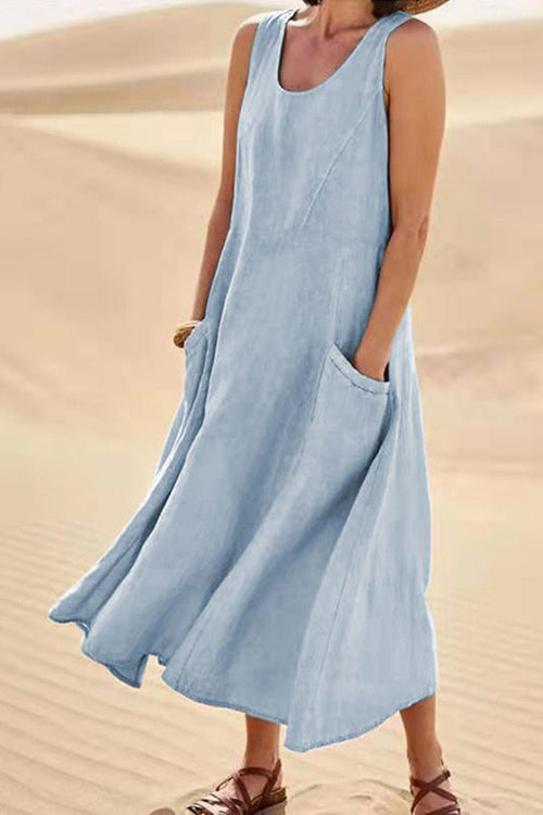 Elegant Linen Loose Round Neck Sleeveless Maxi Dress GOMINGLO