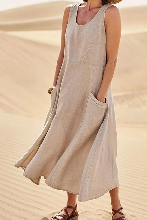 Elegant Linen Loose Round Neck Sleeveless Maxi Dress GOMINGLO