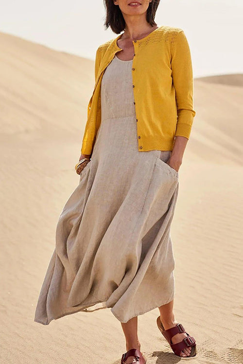 Elegant Linen Loose Round Neck Sleeveless Maxi Dress GOMINGLO