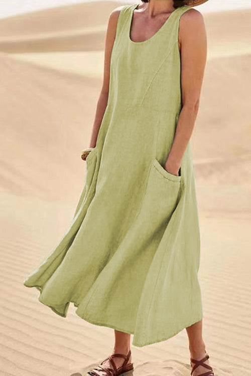 Elegant Linen Loose Round Neck Sleeveless Maxi Dress GOMINGLO