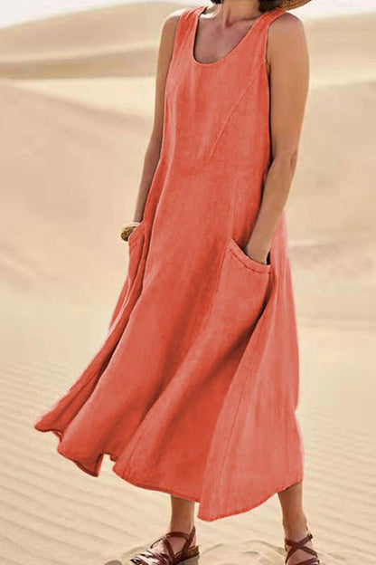 Elegant Linen Loose Round Neck Sleeveless Maxi Dress GOMINGLO