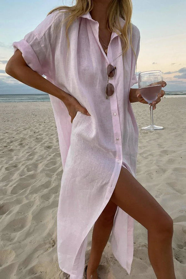 Elegant Loose Linen Turn-down Collar Long Shirt Maxi Dress for Women GOMINGLO