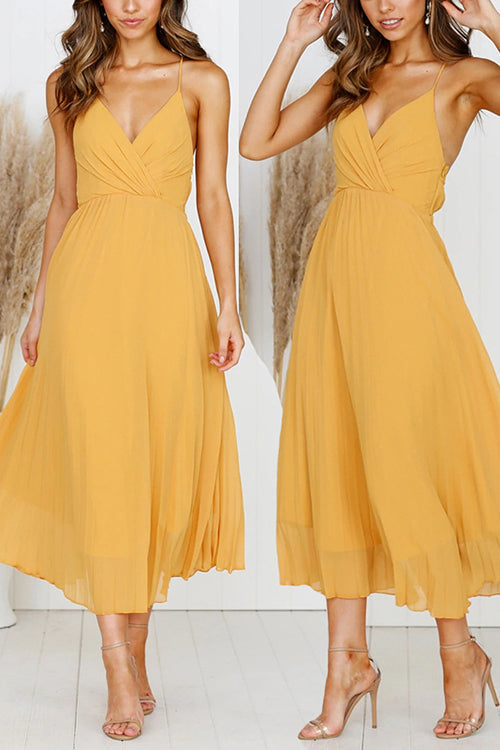 Elegant Pleated V-Neck Chiffon Midi Dress GOMINGLO